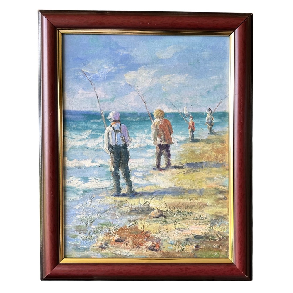 Impressionist Beach Fishing Scene Oil Painting Framed Seascape Coastal Art